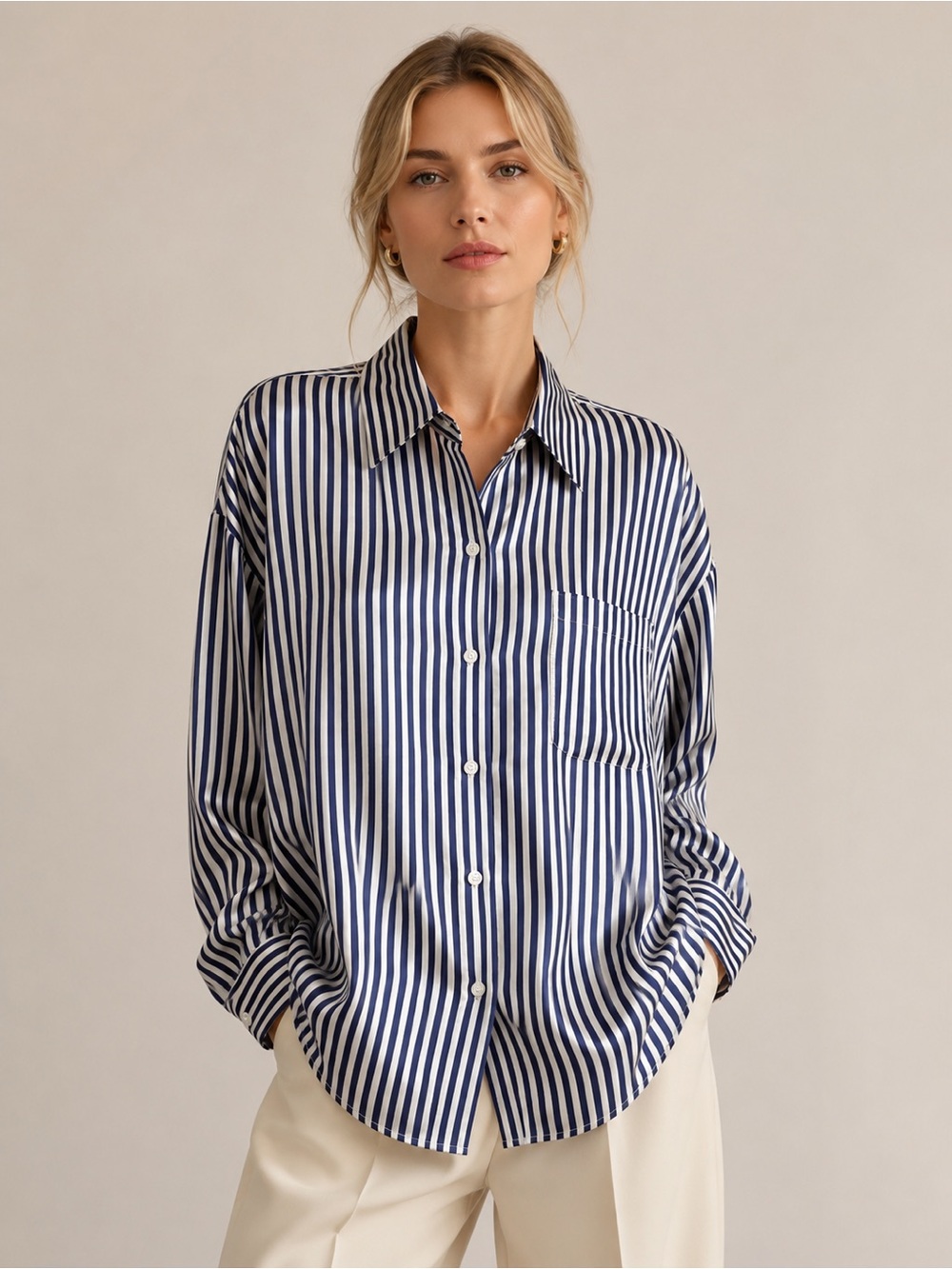 Tracy M 100% Silk Navy Ivory Striped Oversized Button Down Shirt M